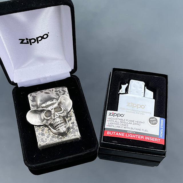 
                  
                    Load image into Gallery viewer, NVP Sterling Silver Cowboy Skull Zippo
                  
                